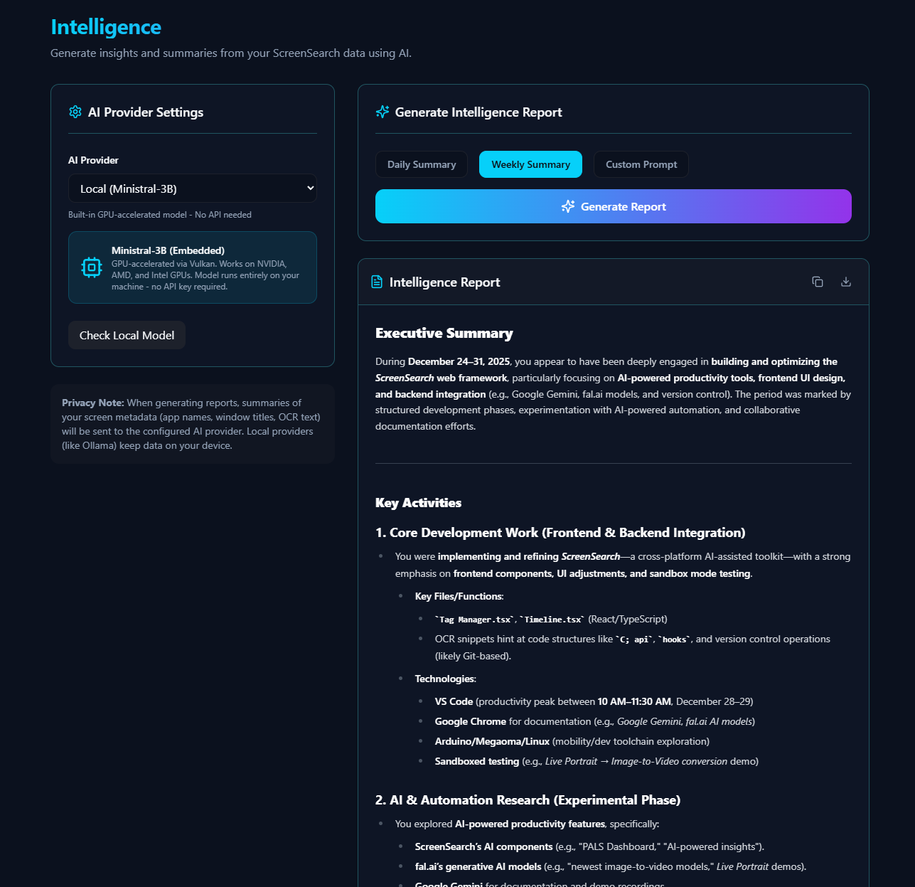 The dashboard view, with productivity hours drawn from your real history